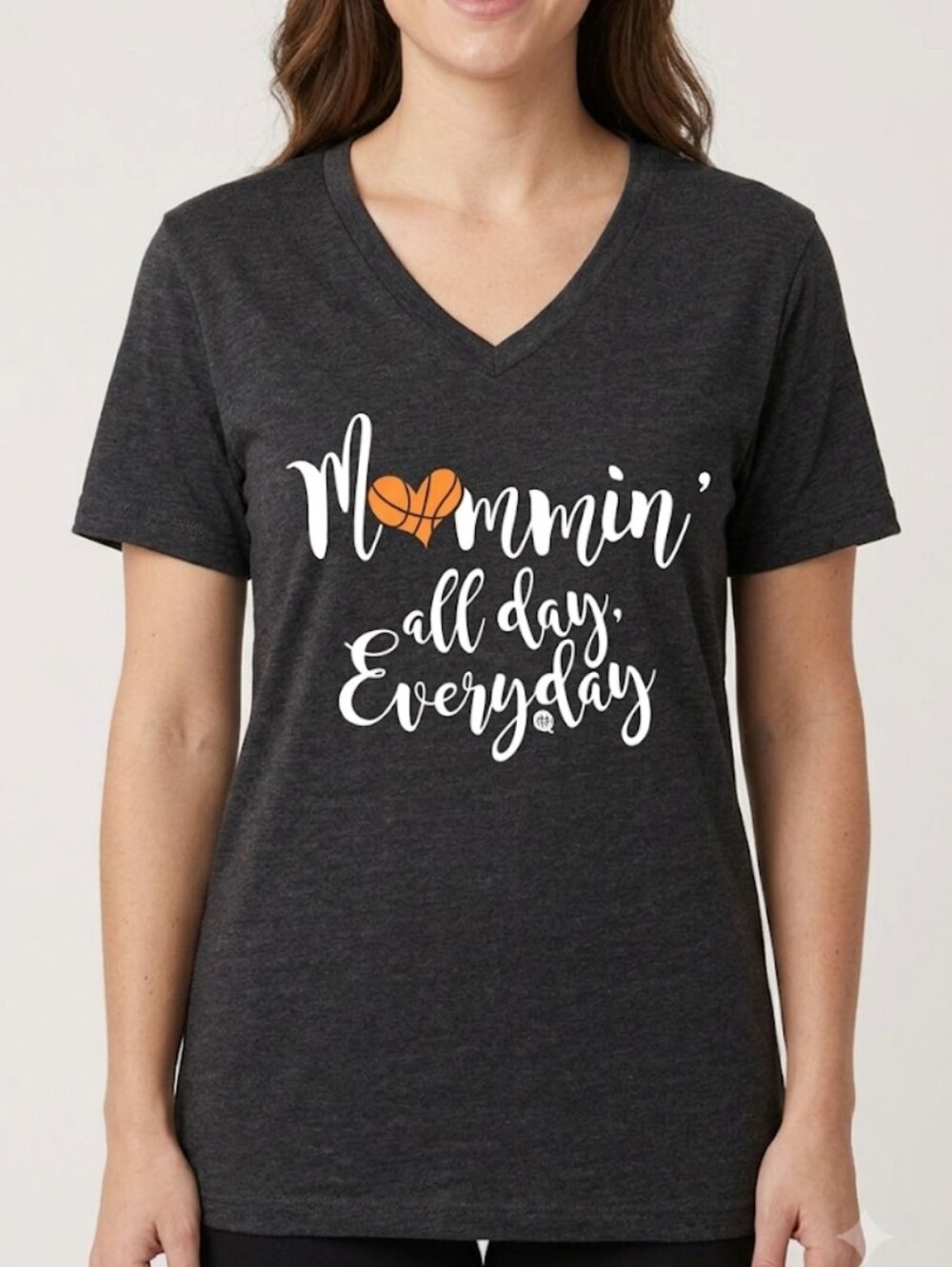 Bella Canvas Charcoal V-Neck 'Mommin' All Day, Everyday' Tee with Orange Heart
